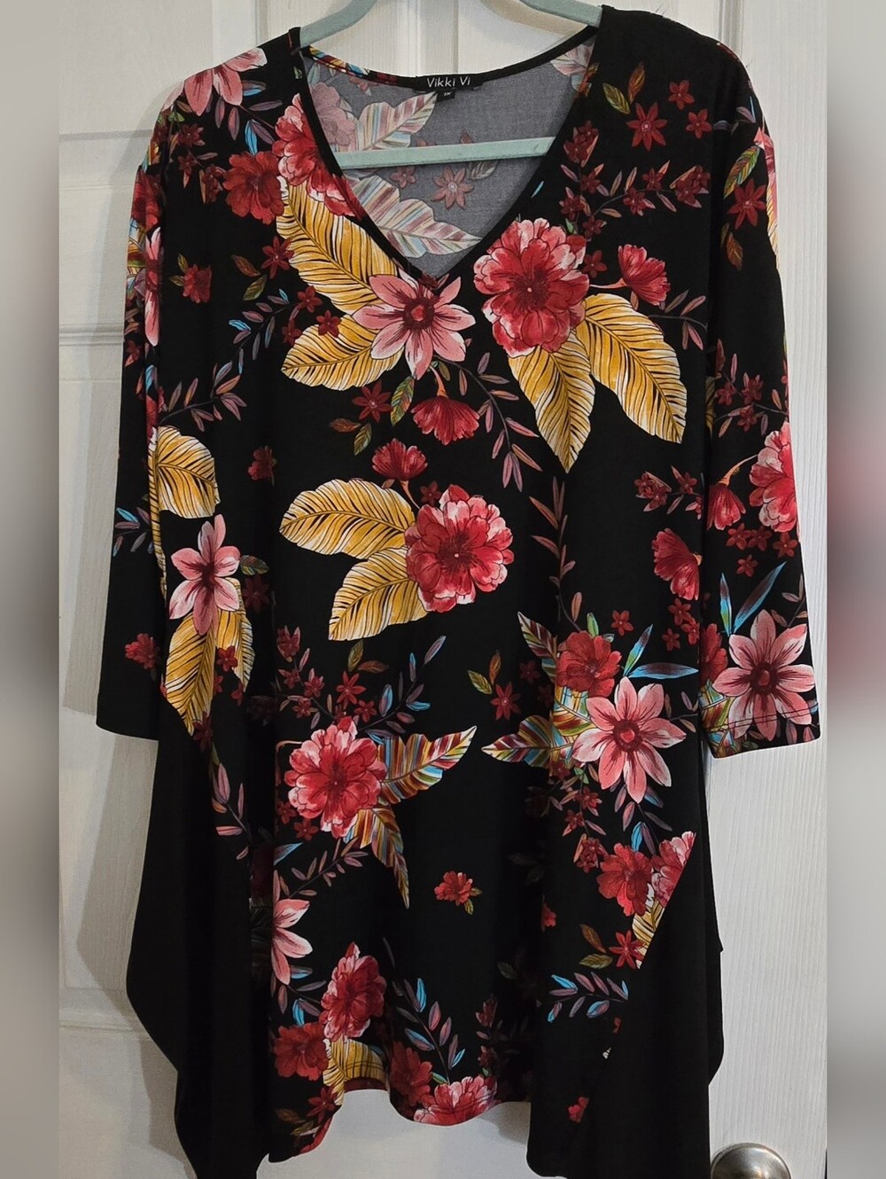 Vikki Vi Black Tunic with Red & Yellow Floral Print
